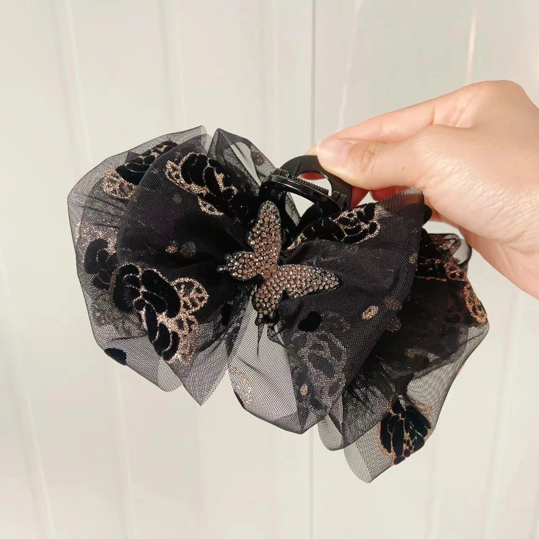 （国风）刺绣网纱蝴蝶抓2024新款显发量蓬松复古气质发夹头饰