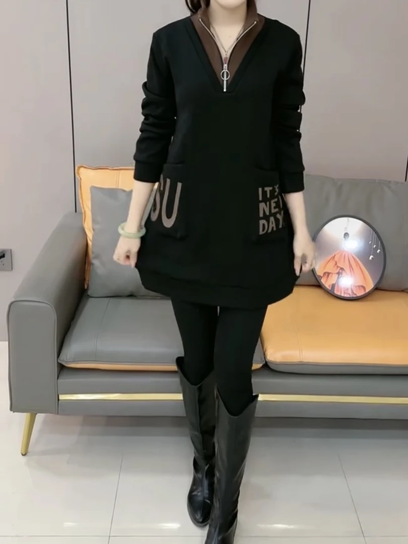 加绒加厚半拉链大码女装拼色卫衣时尚洋气宽松设计感百搭上衣胖mm