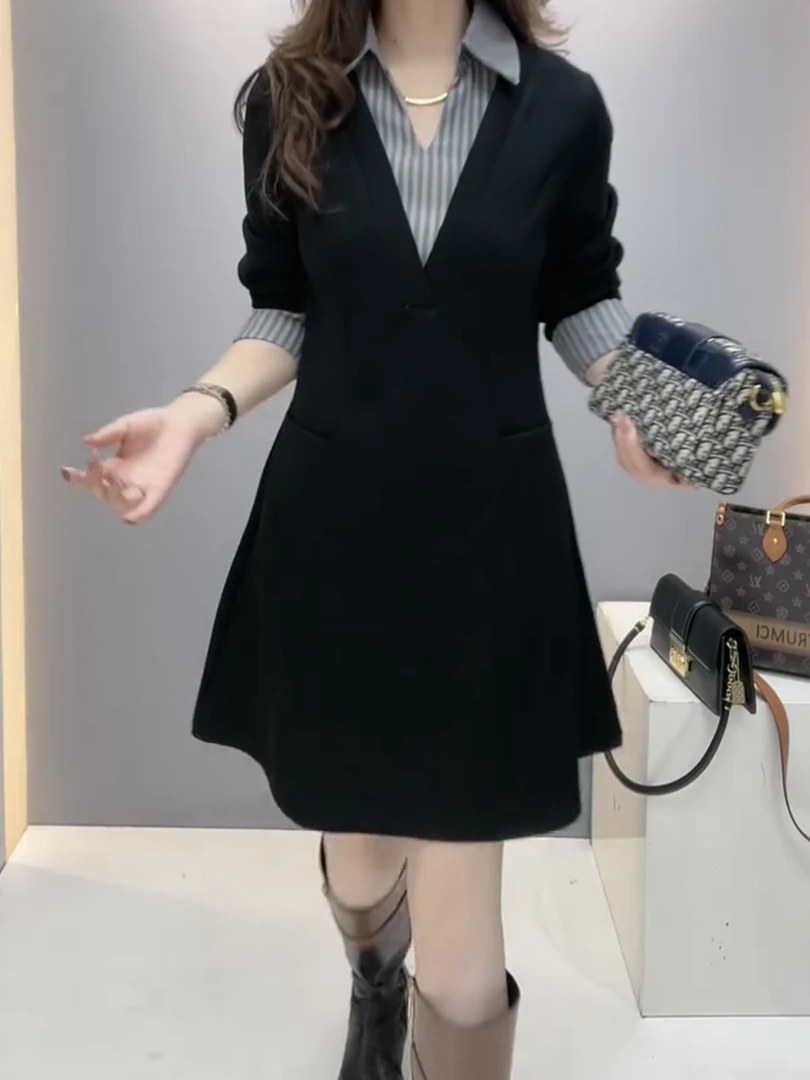 条纹拼接假两件大码女装连衣裙时尚轻奢显瘦高级感休闲A字裙胖m m