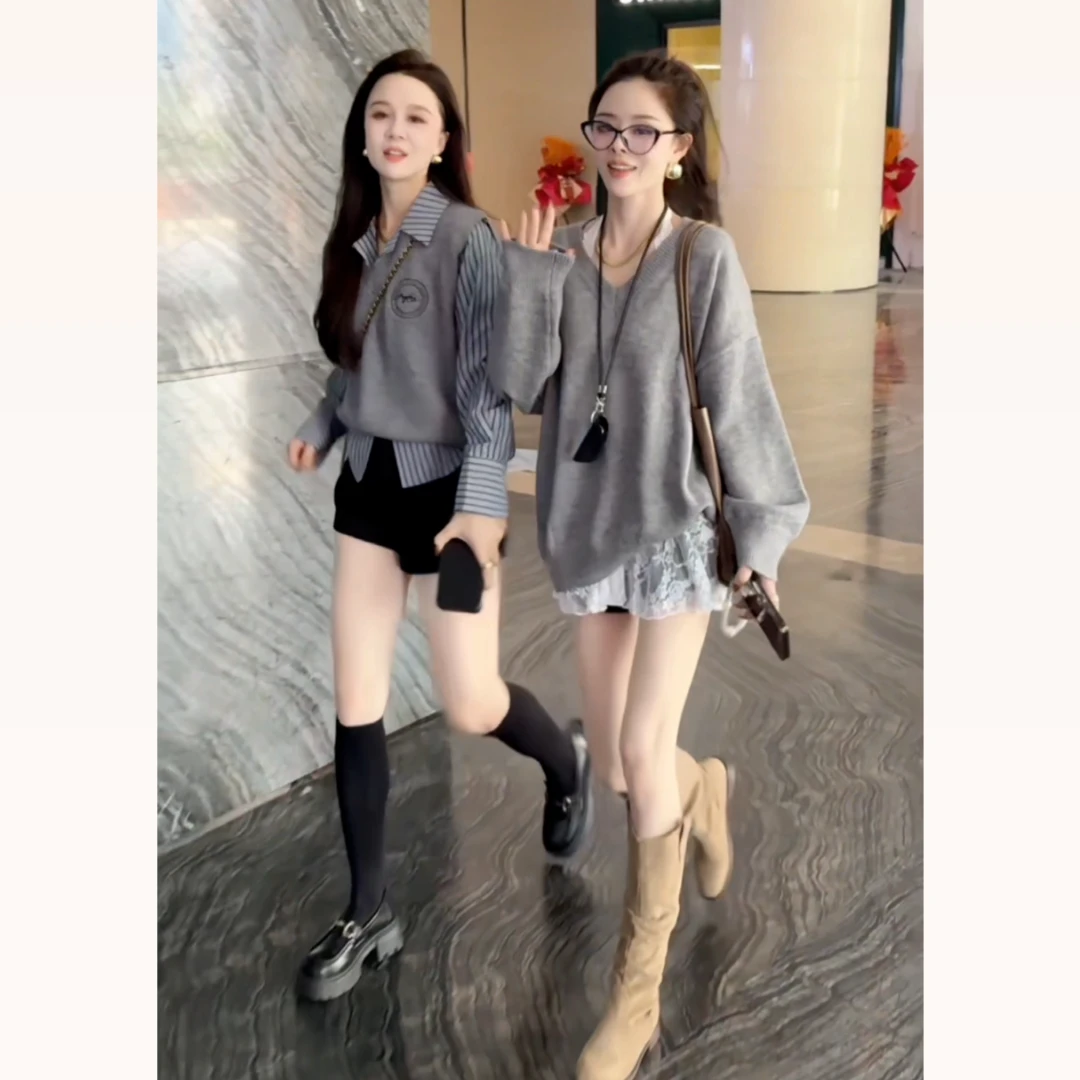 【晓溪服饰】秋季新款慵懒风毛衣设计感休闲宽松针织上衣两件套2526