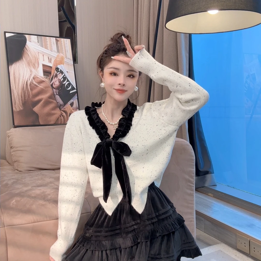 【晓溪服饰】秋冬新款休闲时尚百搭v领法式短款针织衫上衣女3277