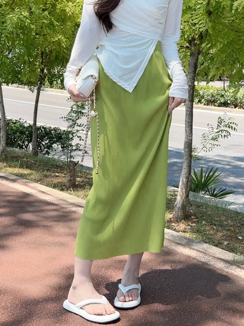 【晓溪服饰】夏季时尚气质高腰设计感开叉A字压褶垂感显瘦半身裙653