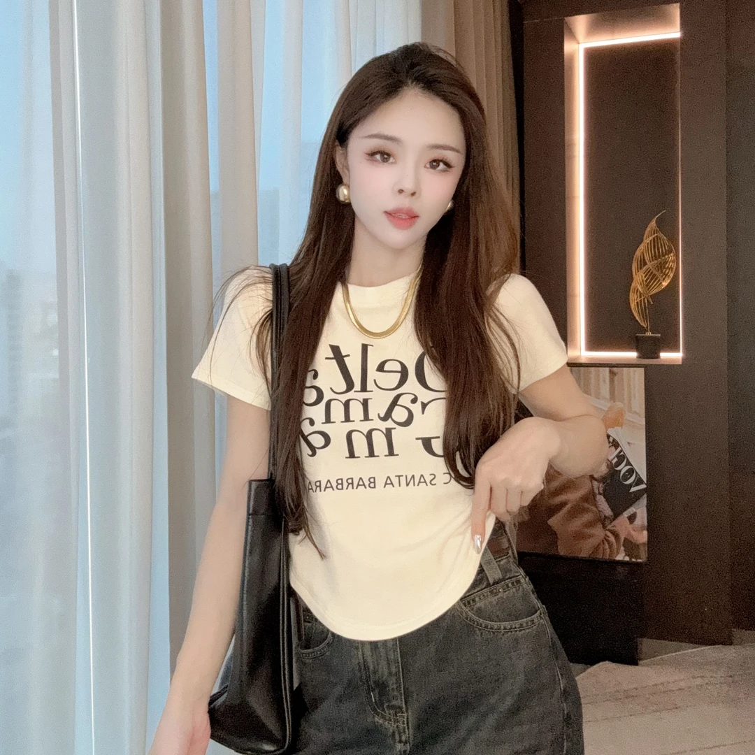 【晓溪服饰】不规则下摆弧形U领短袖t恤夏季设计感短款T恤上衣2329