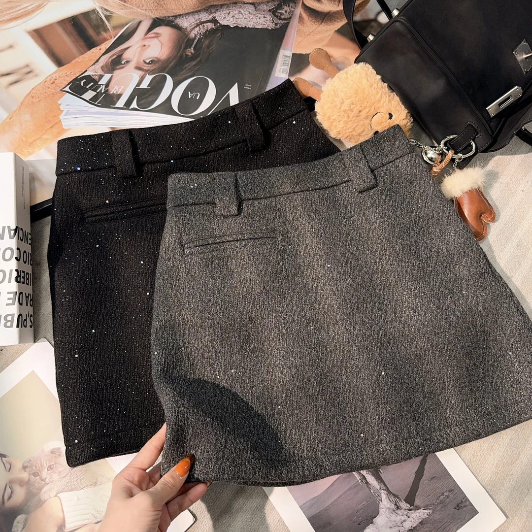 【晓溪服饰】冬季新款高腰A字细闪女韩系防走光包臀半身短裙3922