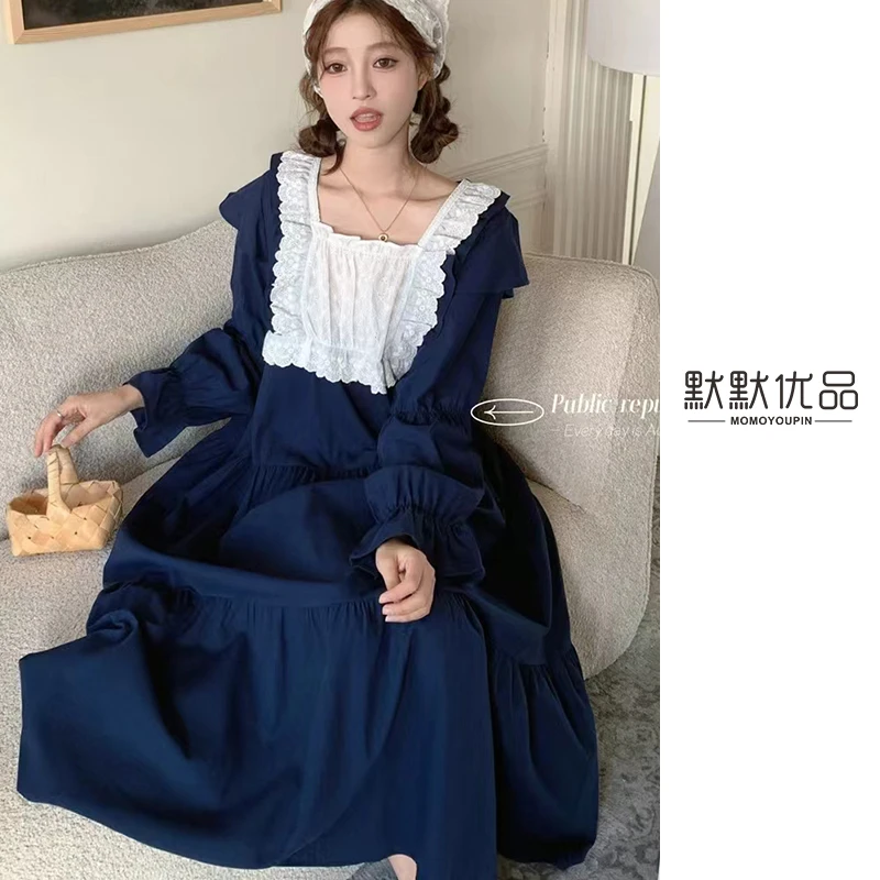 韩国PB品牌/默默家/重工刺绣/睡衣女纯色清新甜美家居睡裙
