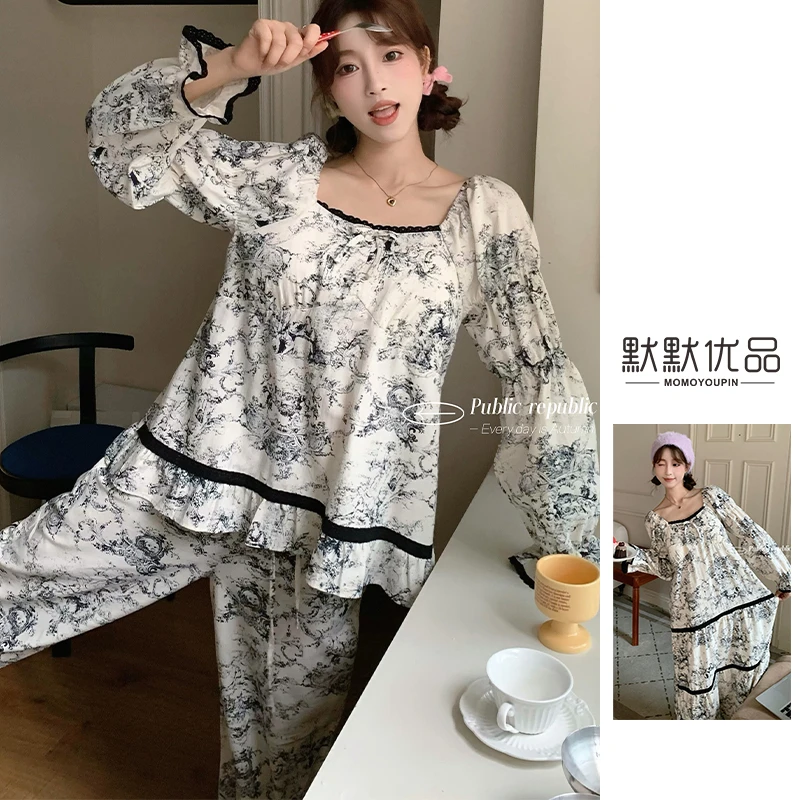 宫廷式印花/带胸垫/韩国PB/甜美/睡衣女/舒适柔软/气质家居套装