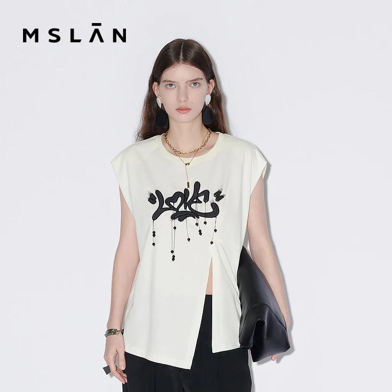 MSLAN商场同款绣花设计不规则开叉小飞袖遮肉背心 MFBN1002