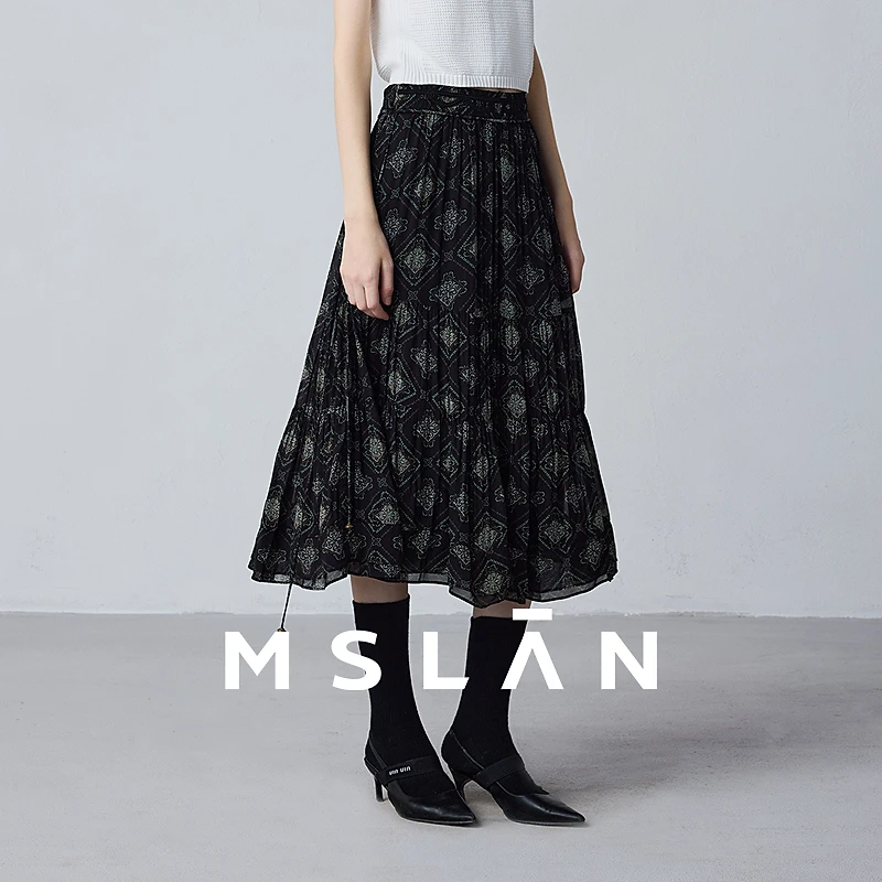 MSLAN【轻盈透气】春夏时尚花砖印花人丝时尚腰果花半身裙 MFCE8208