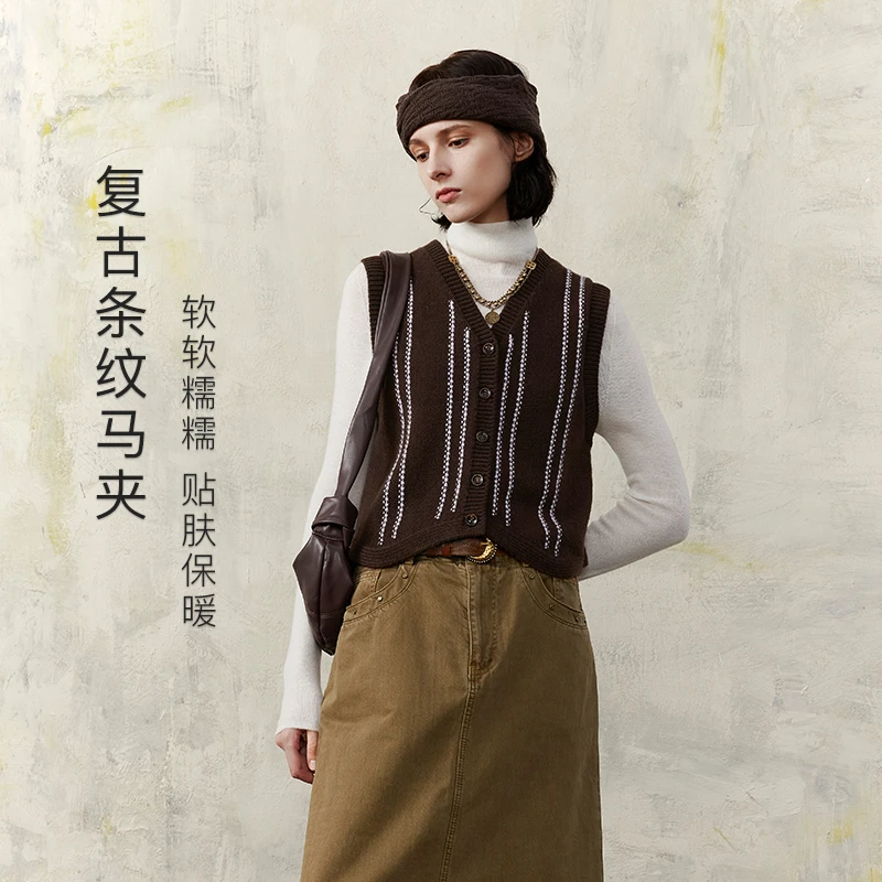 MSLAN新款V领宽松复古条纹背心重工叠穿时尚毛织开衫马夹 MGDW529