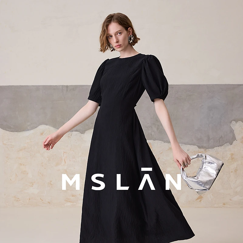 MSLAN解构主义夏季新款时尚分割小黑裙后腰镂空中长连衣裙MGBT547