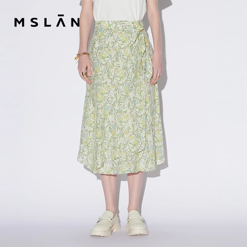 MSLAN【亲肤莫代尔】春夏复古气质时尚绑带印花A字半身裙女MFBA8204
