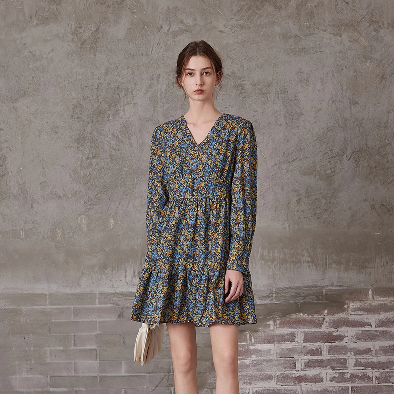 MSLAN春新款设计感博主同款长袖印花荷叶收腰连衣裙MFAV4106