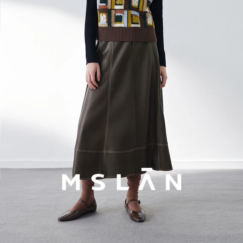 MSLAN |商场同款宽松伞裙撞色线A字皮裙MGAQ096