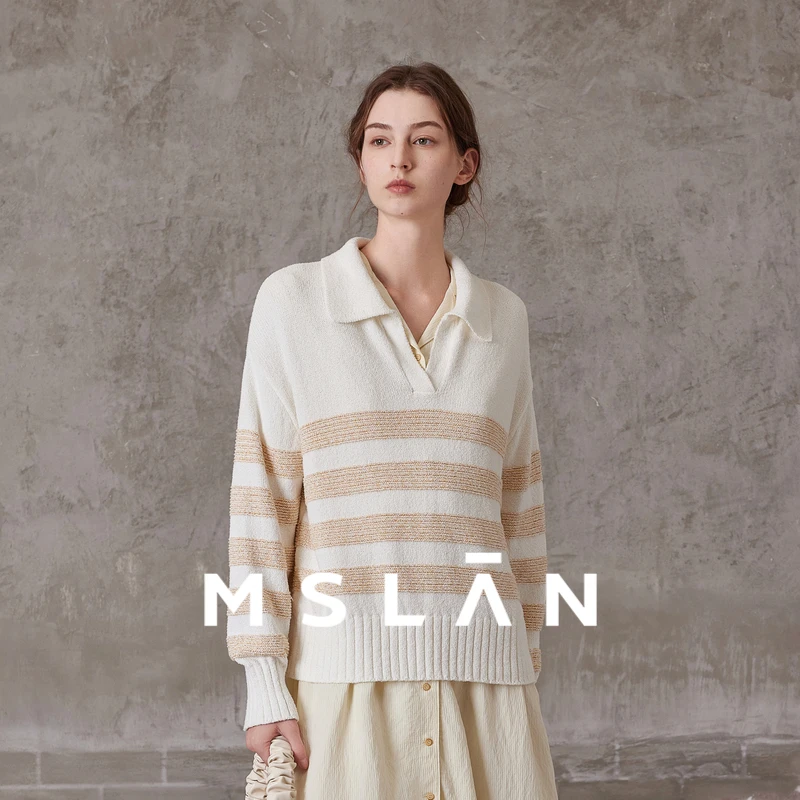 MSLAN经典复古宽松圈圈纱条纹撞色落肩翻领针织套衫 MFCE1321