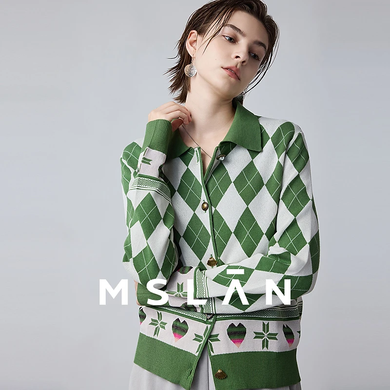 MSLAN新款复古长袖针织短款时尚休闲格子开衫外套限定款 MECV2202