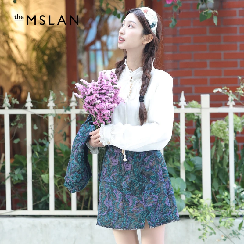 MSLAN复古毛边老花A字半身裙时尚质感重工提花小短裙女 MFAA8102