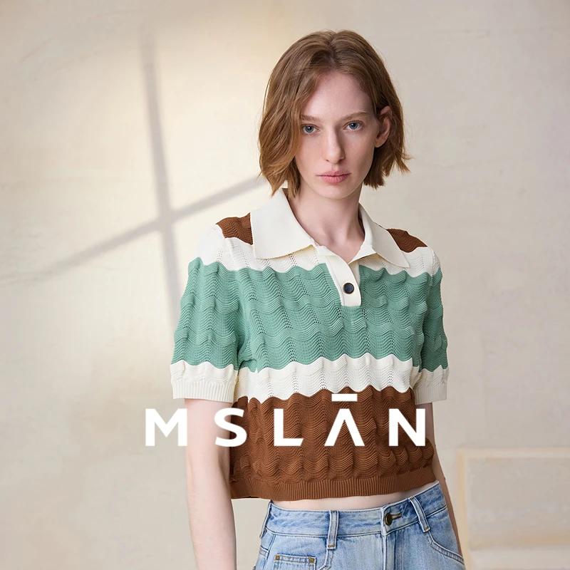 MSLAN【撞色波浪】时尚短款Polo领条纹毛织套衫上衣女 MFAN1105