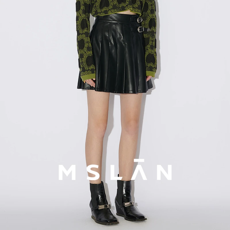 MSLAN【明星同款】潮酷女孩复古百褶A字裙百搭半身裙短裙女MECE8103