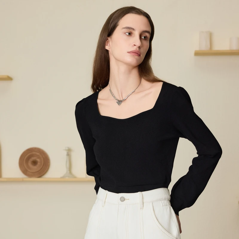 MSLAN【商场同款】春新款法式黑色气质短款无压感针织套衫MECE1306