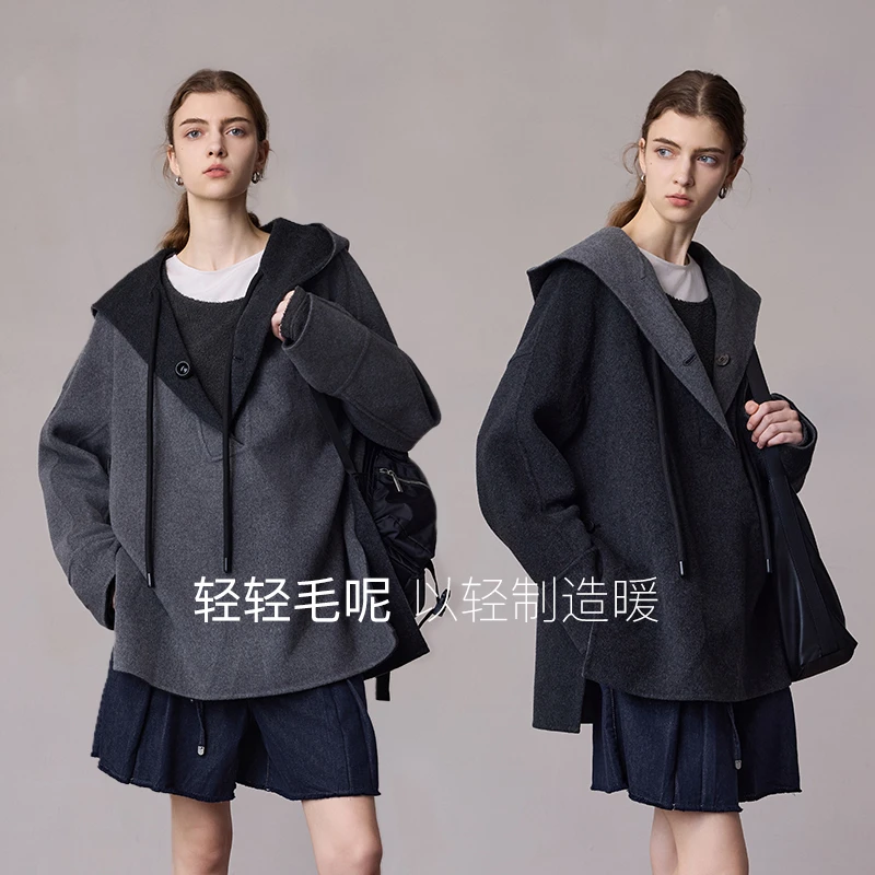 MSLAN100绵羊毛新款高级感连帽双面呢外套休闲宽松卫衣女 MGDW311
