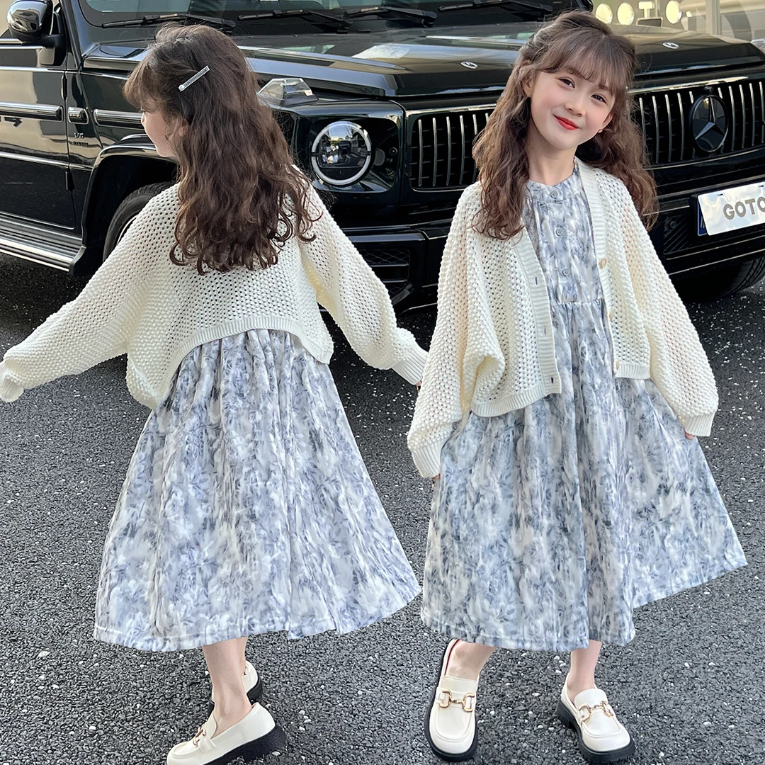 女童连衣裙套装时尚韩版新款小女孩针织开衫外套碎花裙春秋两件套