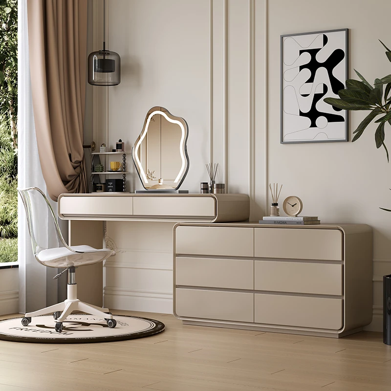 实木烤漆奶油风梳妆台斗柜一体现代简约卧室网红实木伸缩化妆桌台