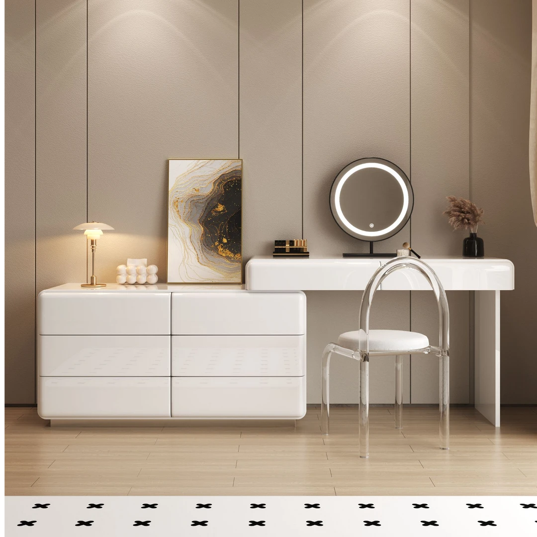 实木烤漆梳妆台简约卧室奶油风斗柜现代简约40cm化妆台一体妆桌