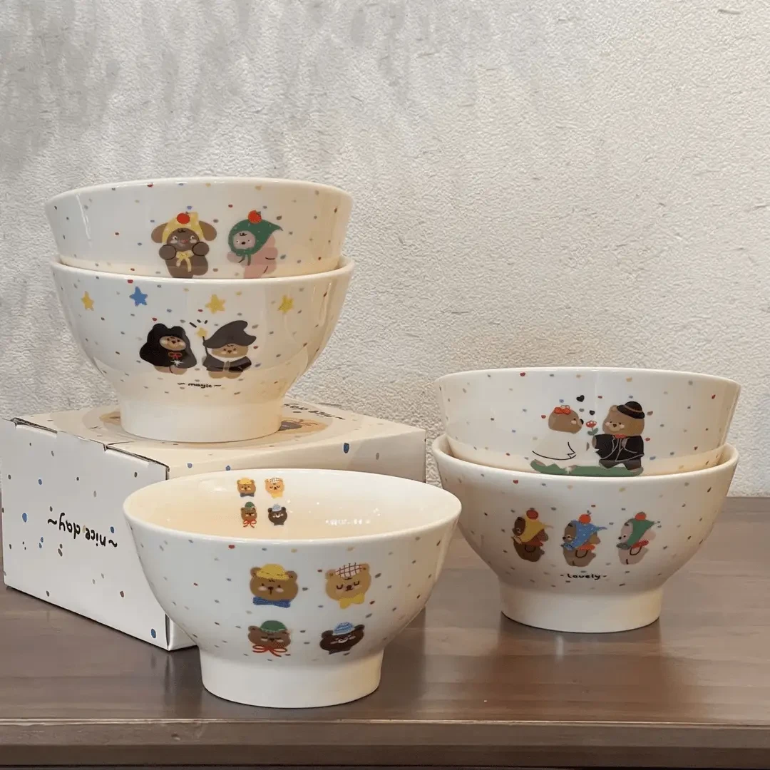高颜值可爱波点米饭碗卡通小熊陶瓷碗家用饭碗情侣亲子餐具高脚碗