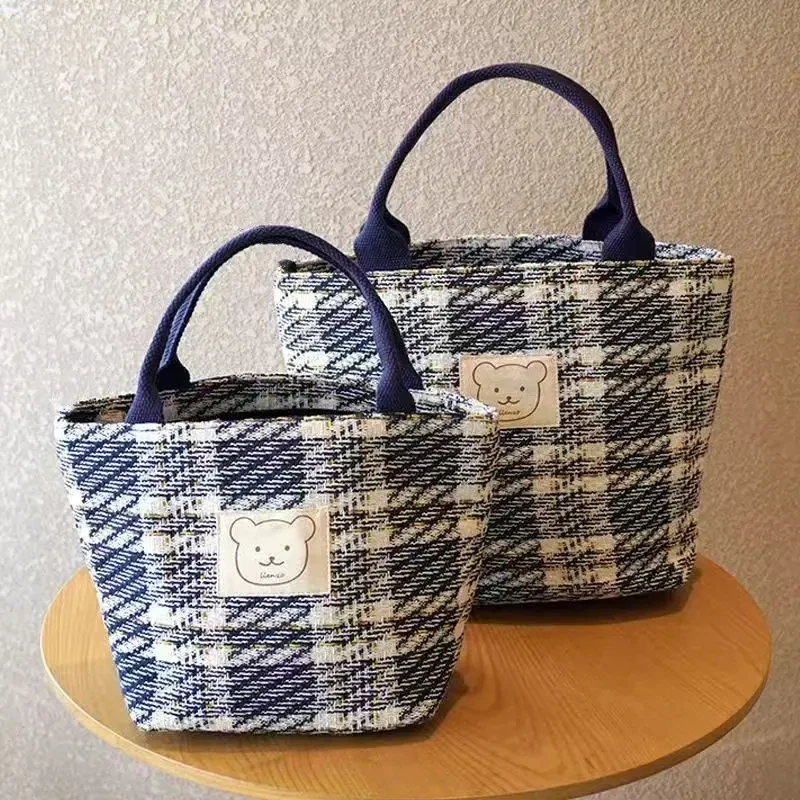 时尚格纹大容量帆布包手提饭盒包加厚简约百搭休闲拉链便当包学生