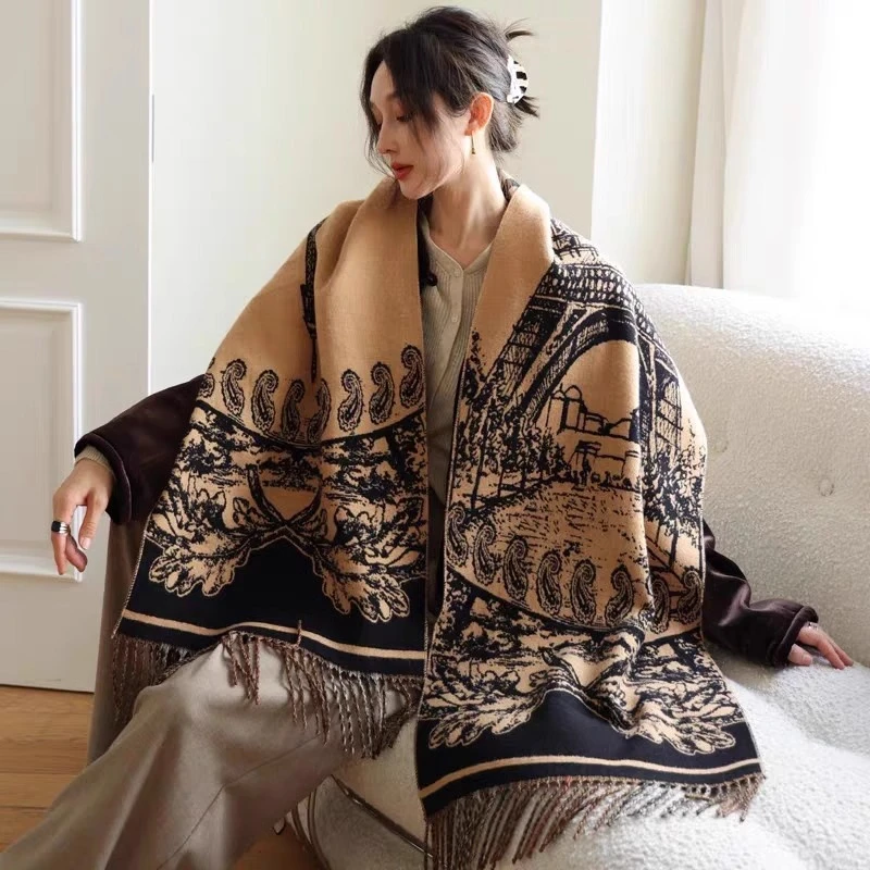 法国轻奢秋冬季战马格纹双面羊绒围巾女保暖披肩时尚加厚围脖女潮