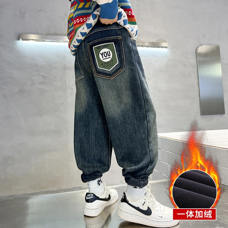 儿童装男童加绒裤子秋冬款2023新款中大童男孩一体牛仔裤保暖加厚