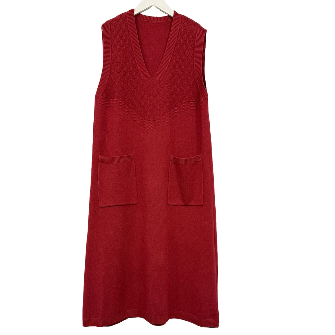 822秋冬新款时尚气质无袖红色中长款针织马甲连衣裙显瘦百搭宽松