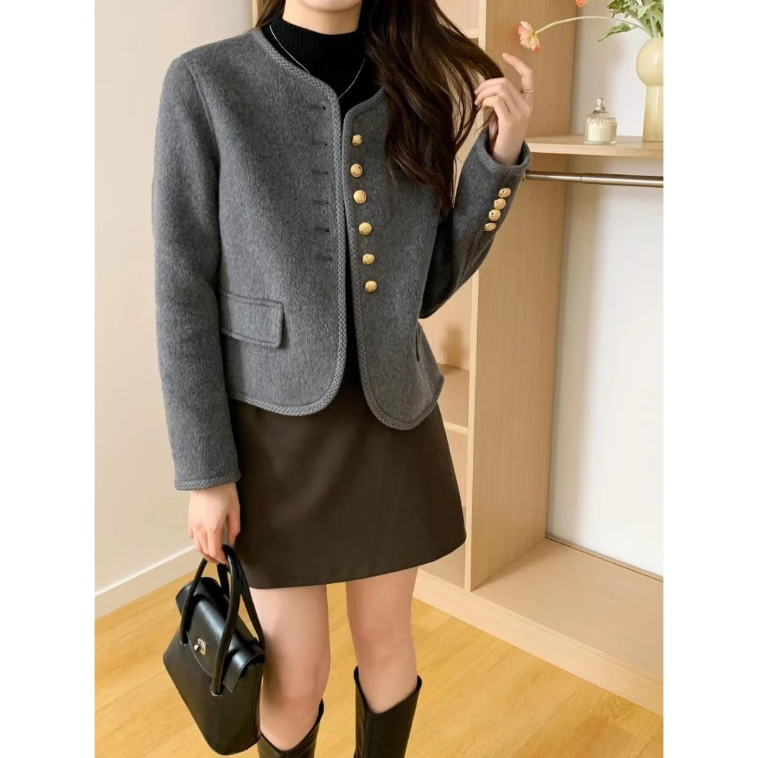 小香风外套女2024年时尚秋冬新款韩版时尚小个子圆领单排扣呢大衣