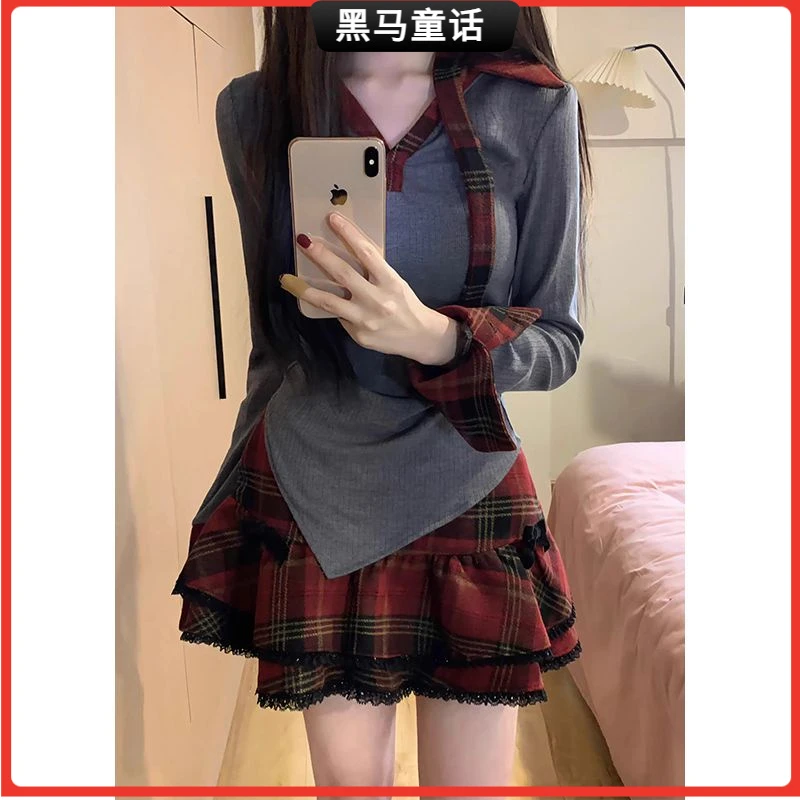 1春秋穿搭美式甜辣格子连衣裙女夏季2024新款百褶蓬蓬公主短裙套I