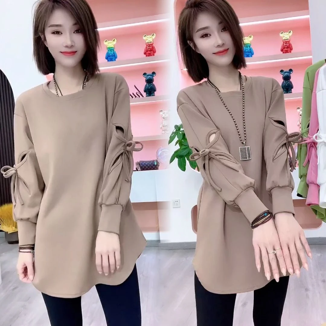 2024时尚卫衣女春秋新款时尚韩版宽松遮肚显瘦中长款百搭上衣小个