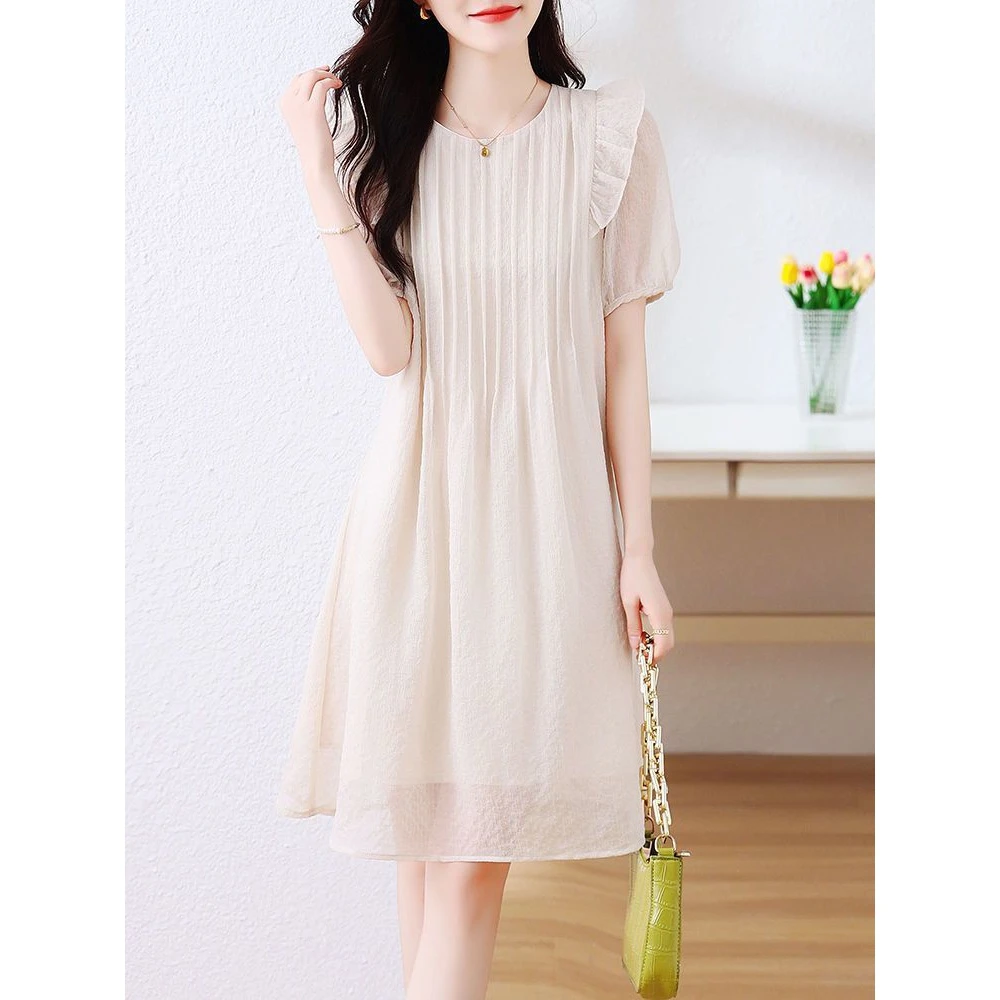 减龄洋气雪纺连衣裙气质显瘦夏季新款拼接设计感小众中长款A字裙