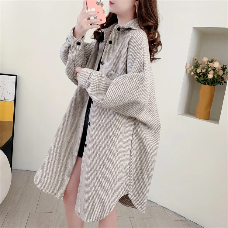 中长款加厚长袖衬衫外套女秋冬2023年新款宽松慵懒风时尚百搭上衣