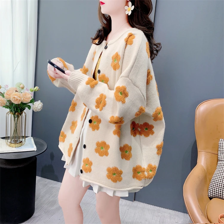 甜美减龄花朵毛衣开衫女秋季2024新款宽松慵懒风洋气软糯针织外套
