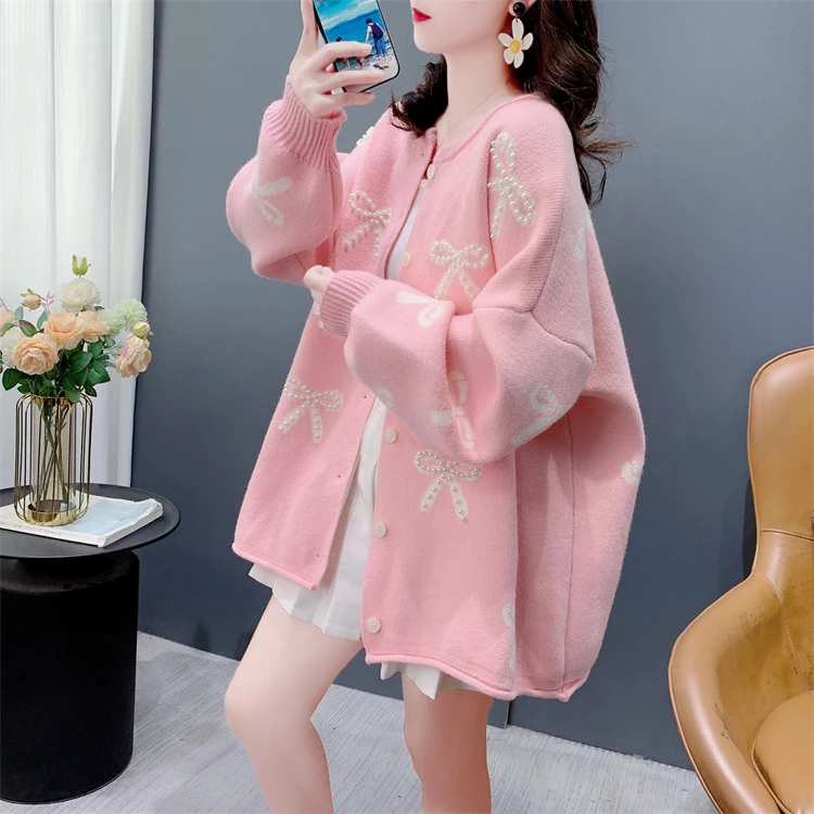 温柔风甜美钉珠蝴蝶结毛衣开衫女秋季新款宽松洋气减龄外套上衣潮