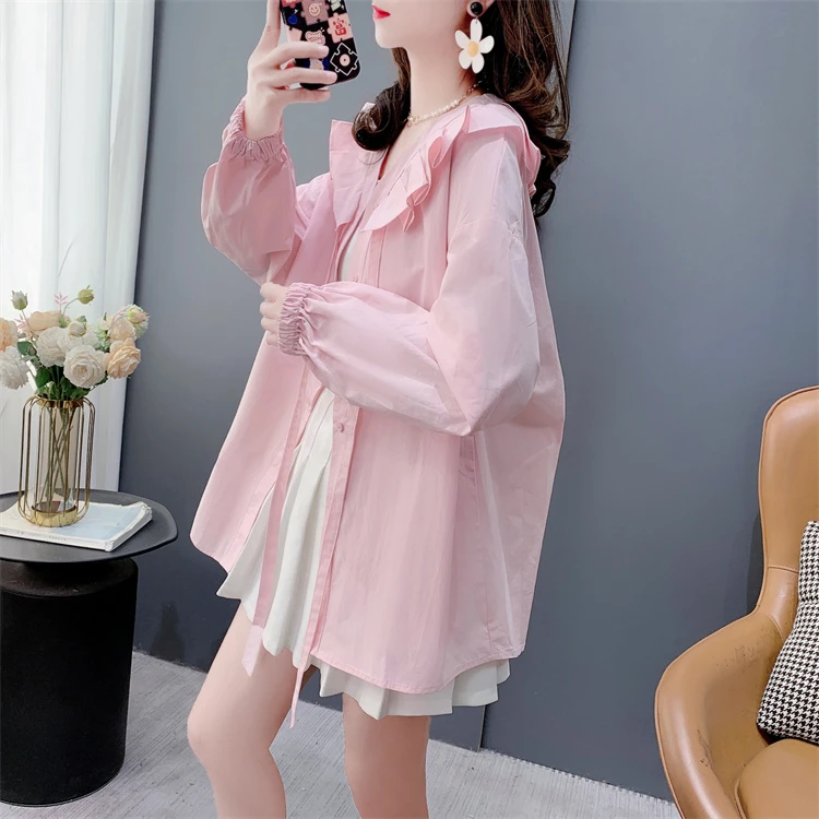 法式褶皱花瓣领长袖衬衫女春夏2024新款宽松洋气减龄显瘦薄款上衣