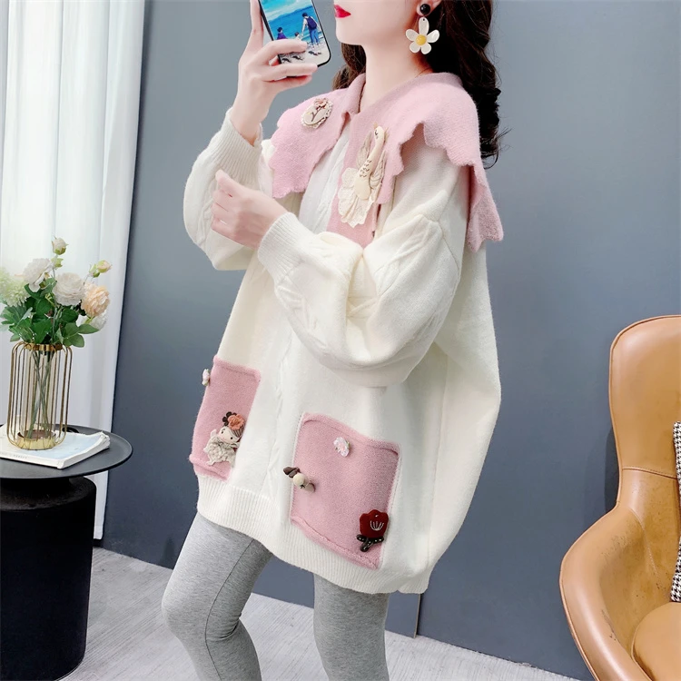 娃娃领可爱甜美毛衣女秋冬2024新款宽松温柔风洋气减龄套头针织衫