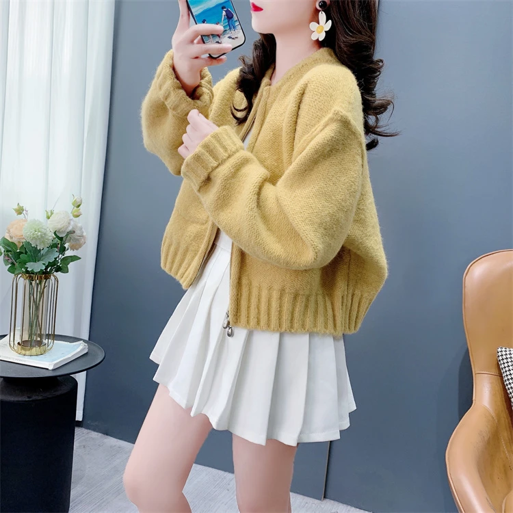 温柔风双口袋拉链毛衣开衫女秋冬2024新款宽松保暖小个子外套上衣