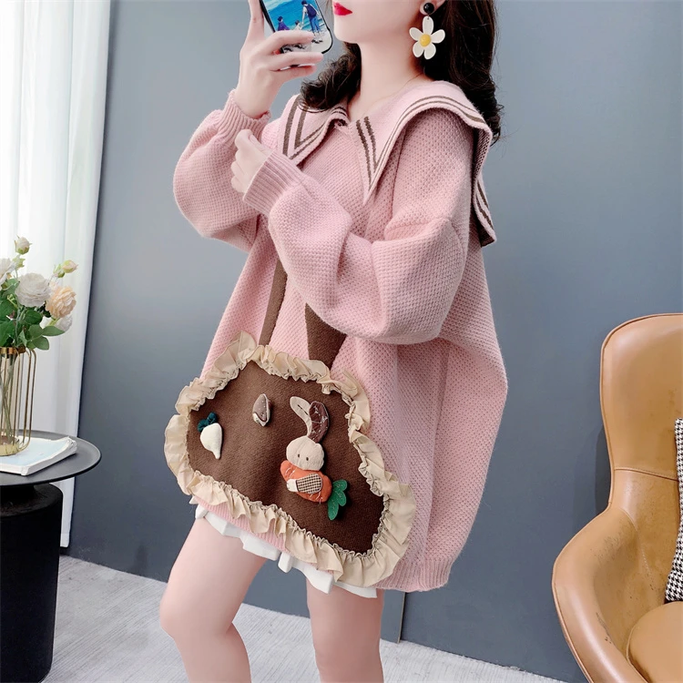 海军领可爱小兔减龄套头毛衣女秋冬2024新款宽松显瘦甜美外套上衣