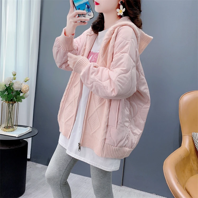 设计感夹棉拼接连帽拉链毛衣外套秋冬2024年新款宽松加厚保暖上衣