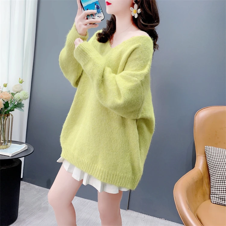 气质V领中长款套头毛衣女秋冬2024新款宽松设计感亮丝打底针织衫