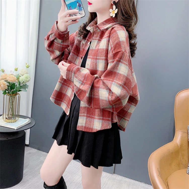 复古港味磨毛格子衬衫女秋季2024新款加厚短款小个子毛呢外套上衣