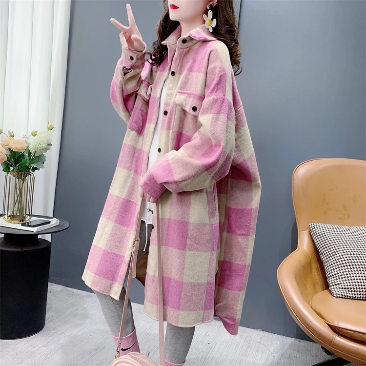 韩版中长款过膝毛呢格子衬衫女秋冬2024新款宽松加厚磨毛衬衣外套