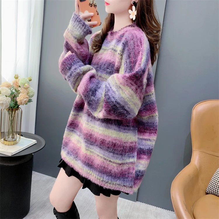 高级感超好看条纹圆领毛衣女秋冬新款宽松慵懒风软糯加厚百搭上衣