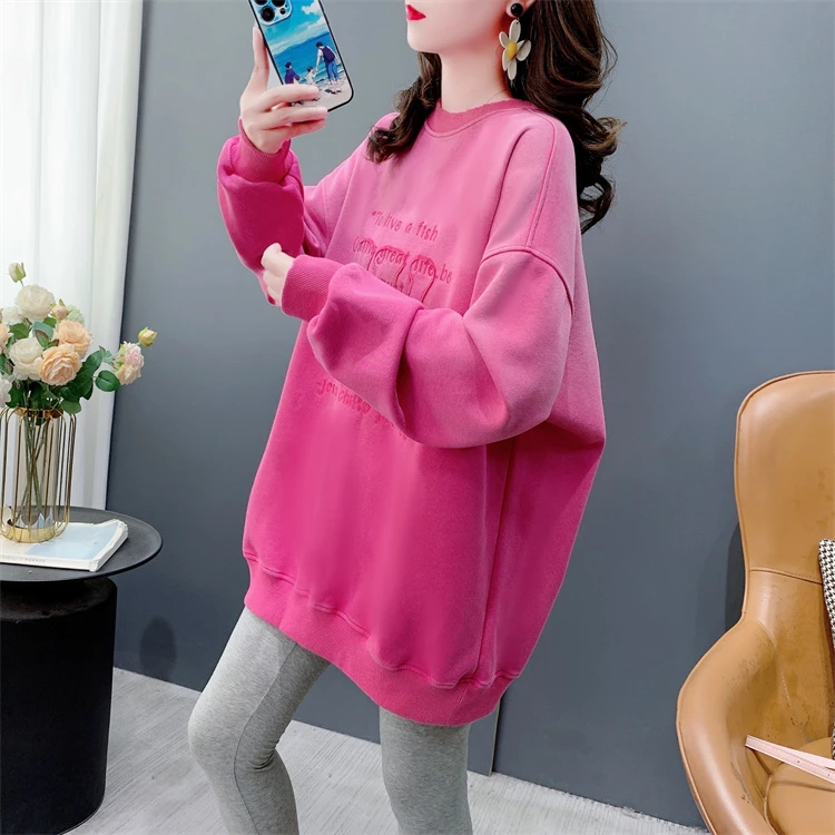 美式复古做旧水洗渐变圆领卫衣女秋季宽松中长款刺绣休闲外套上衣