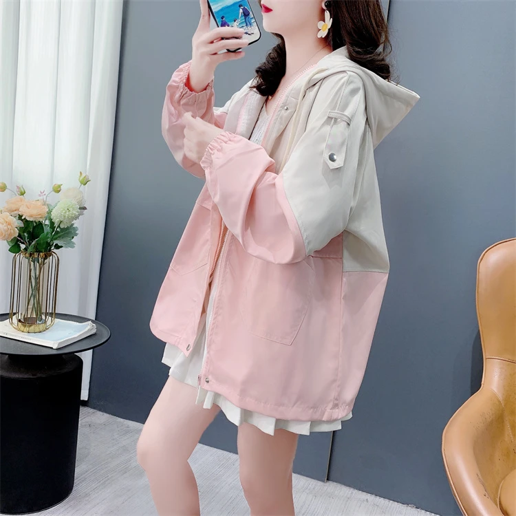 拼色连帽工装外套女秋季2024年新款宽松休闲小个子高级感夹克上衣